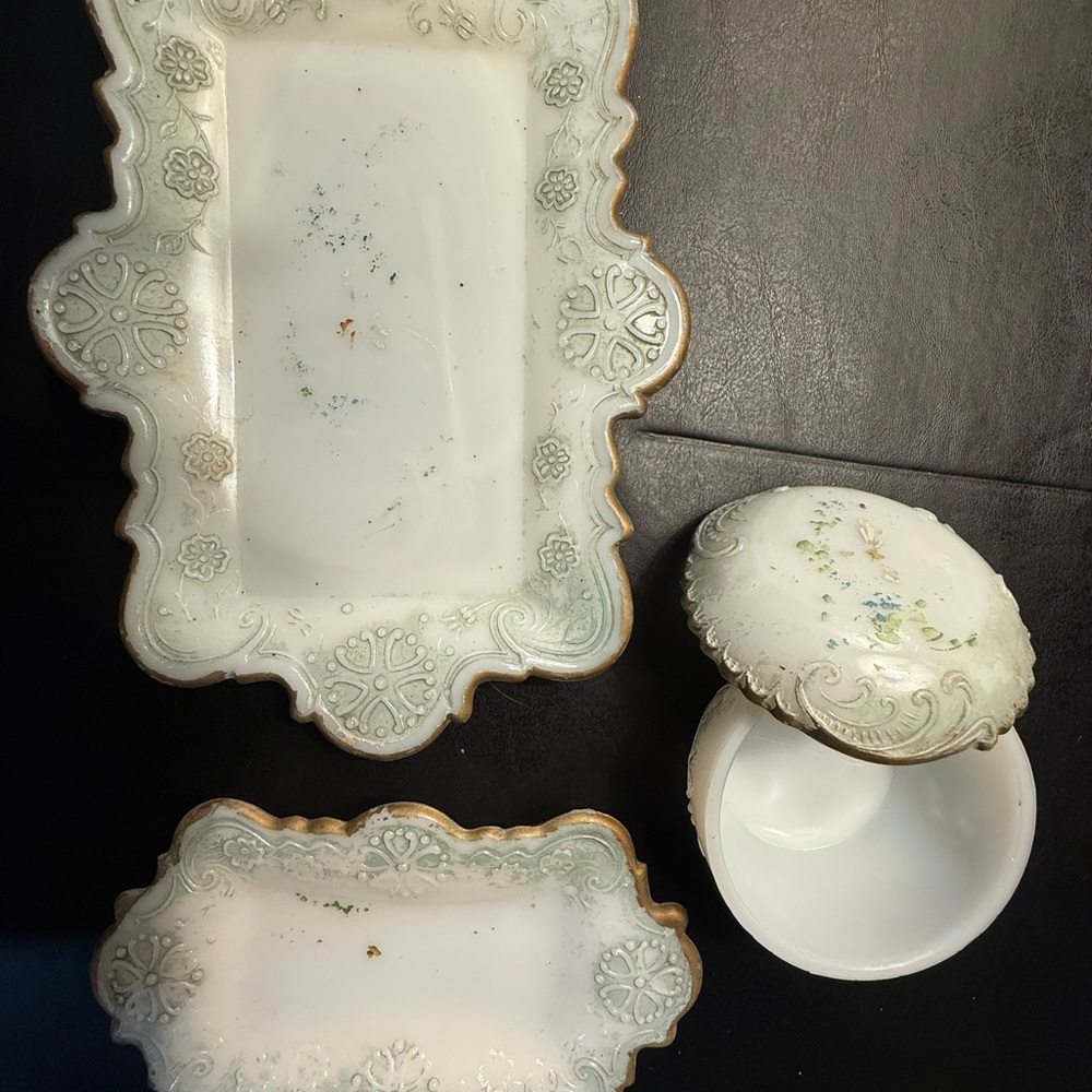 Antique Dithridge Milk glass Vanity items